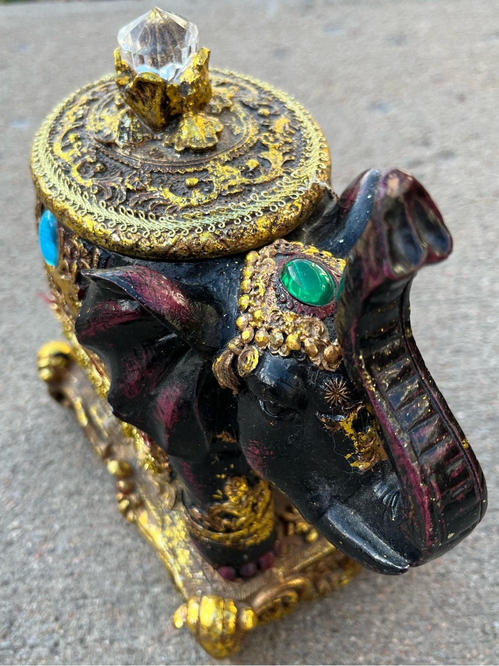 Ornate Jeweled Elephant Trinket Box - Black & Gold with Turquoise Accents - Picture 2 of 2